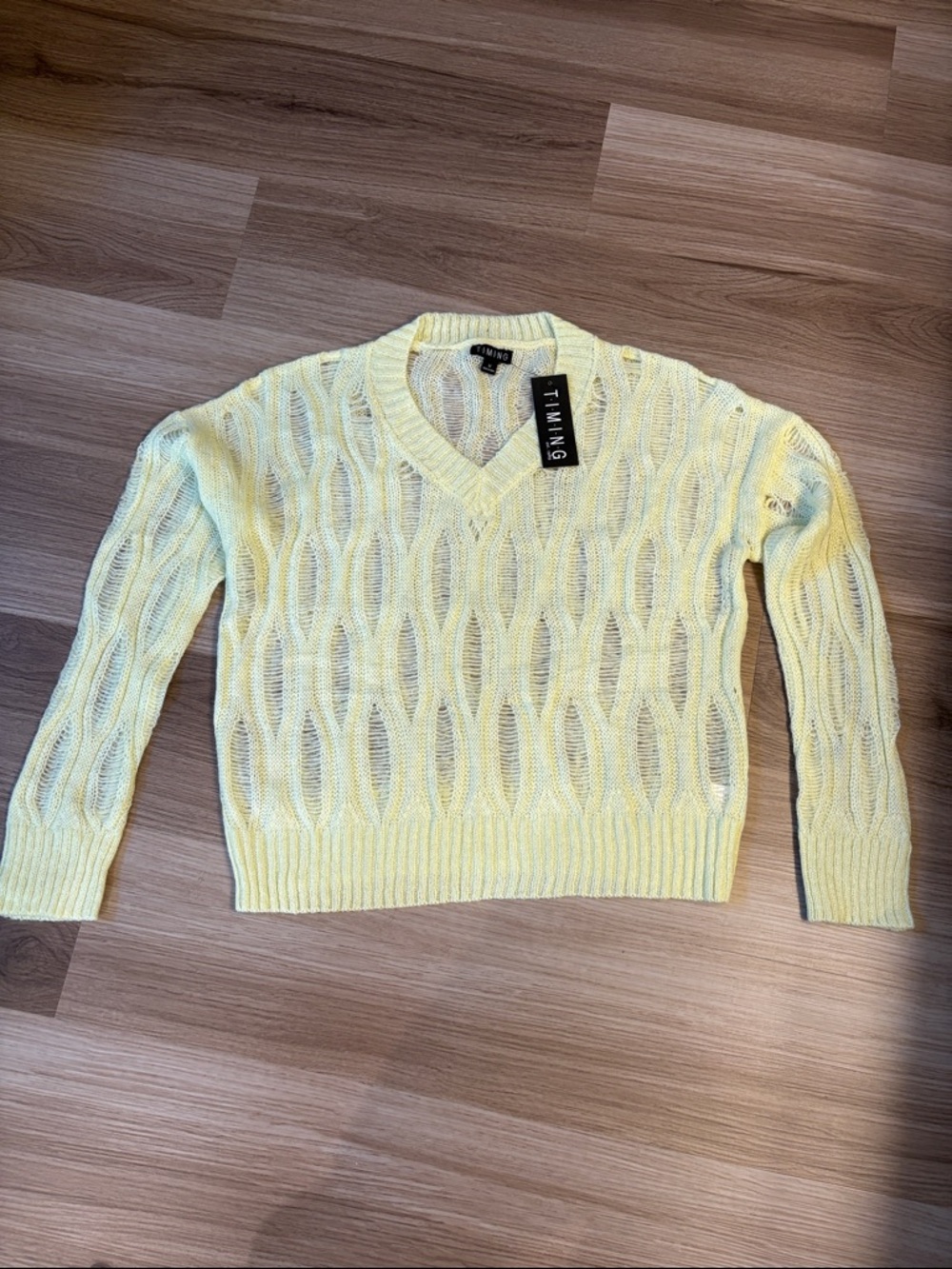 Timing Yellow Distressed Open-Knit V-Neck Sweater